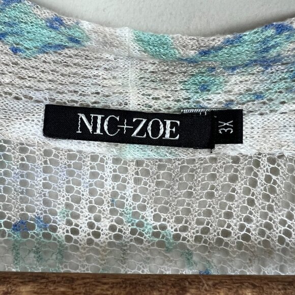 Nic+ Zoe Cardigan Sweater Womens 3X Blue White Linen Blend Open Knit 3/4 Sleeve - Picture 10 of 11